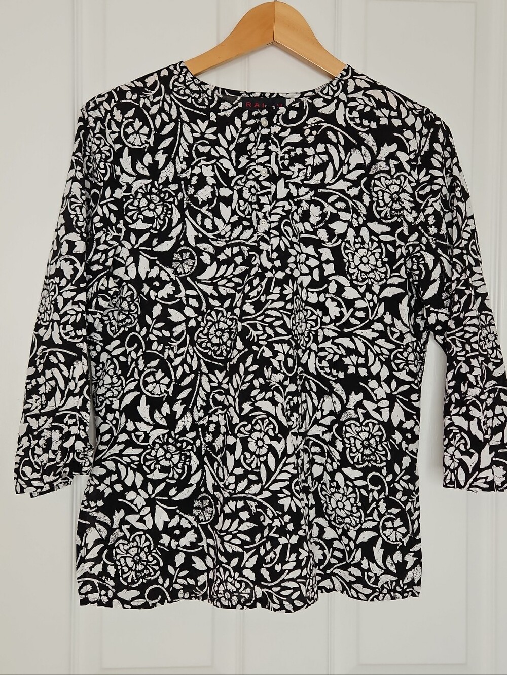 Ralph Lauren Black White Floral Popover Top Large 3/4 Sleeve Lightweight Cotton
